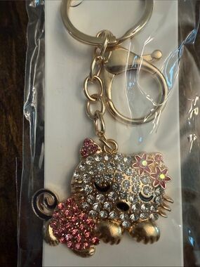 ItGirl Gold-Tone Pink Rhinestone Crystal Cat w/Black Enamel Keychain Charm